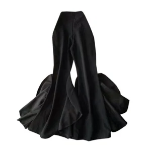 Lady Black Flares Pants Ruffle Bell-bottom Trouser Wide Leg Zipper Elegant Party - Picture 1 of 12