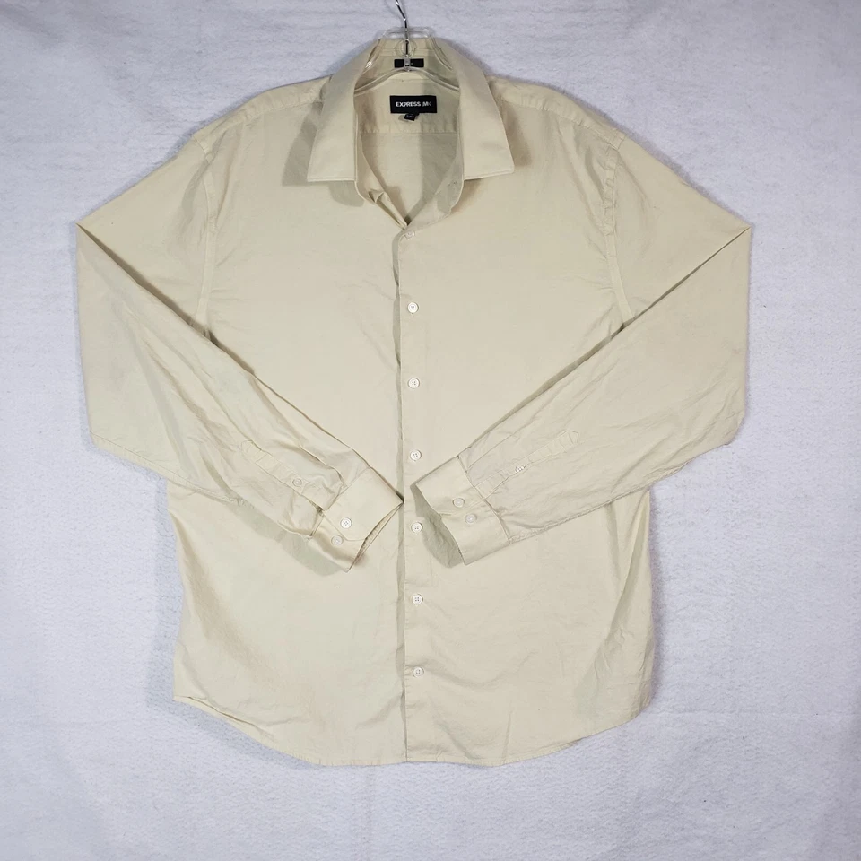 Camisa de vestir Express 1MX para hombre 2XL 2XLarge marfil calce ajustado plisada espalda manga larga Foto 1 de 4