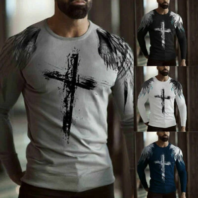 T-shirt uomo manica lunga stampa top girocollo casual maglietta muscolare slim fit blusa# - Immagine 1 di 4