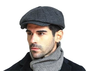 AU Men Retro Grey Check French Newsboy Cabbie Artist Hat Cap Wool Blended Beret - Picture 1 of 16