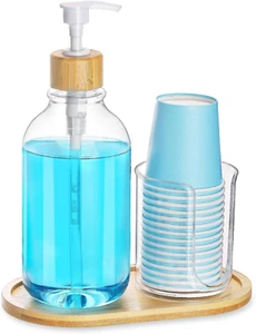 Mouthwash Dispenser with Cup Holder, Plastic Mouth Wash Pump Bottle with Tray fo - Picture 1 of 7