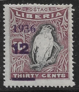 1936 Liberia Overprint Pictorials Stamp PULM-NUT VULTURE SC #253 MLH OG BIRDS - Picture 1 of 2