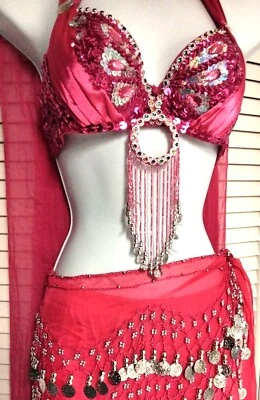 Disfraz de Halloween Mujer Lentejuelas Bailarina del Vientre Harén Niña Jeanie Rosa Brillante S/M Foto 1 de 4