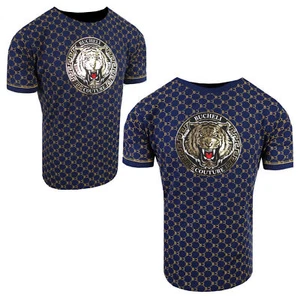 Designer T-Shirt Blue Bucheli Italian Logo Stripe Men Shiny Gold Tiger Slim Fit - Picture 1 of 5