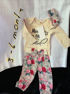 Baby,Girls'3Pieces Solid Ruffled Bodysuit, Floral Print Pants and Headbandgirl - Picture 1 of 3