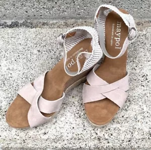 Maypol Espadrille Tan Sandals Size 7.5 Ankle Strap Wedge Heel Leather Jute~ NEW - Picture 1 of 3