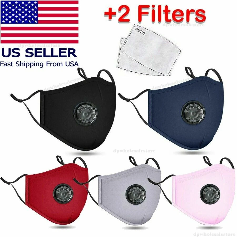 3 Ct Washable Reusable Cotton Face Mask with Air Valve Port  + 2 PM2.5 Carbon - Image 1 of 4
