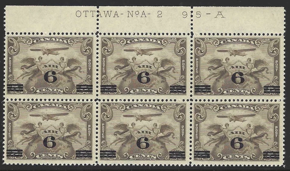 加拿大,1932 年,Scott #C3,6 盘块,盘号 A-2,完好,未铰边 — 第 1/1 张图片