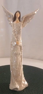 Handarbeit Engel Figur Statue klein Weihnachten religiös Glitzer halten Kranz - Bild 1 von 6