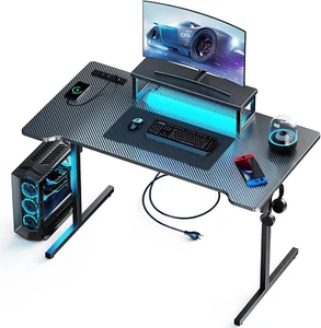 Small Gaming Desk with LED Lights & Power Outlets, 55 Inch Computer Desk with Mo - Picture 1 of 7