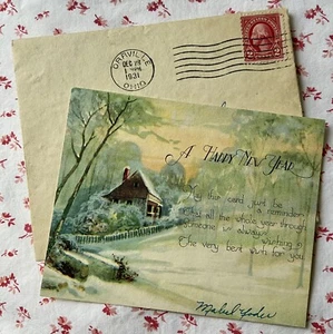 Vintage 1930s Happy New Year Country House Snow Scene Greeting Card - Picture 1 of 5
