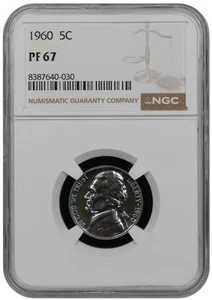1960 Proof Jefferson Nickel graded by NGC PF 67 - Picture 1 of 2