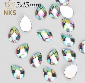 50 x AB Glue on Flat Back Teardrop Crystals, Pear Shape Rhinestone 5x13mm - Picture 1 of 4