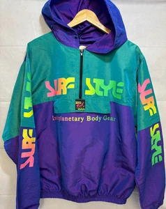 Vintage Surf Style Mens Windbreaker Jacket Blue Green Interplanetary Body Gear - Picture 1 of 19