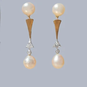 Art Deco 18ct Gold Pearl & Diamond Drop Earrings Antique 1920s Dangle Earrings - Picture 1 of 6
