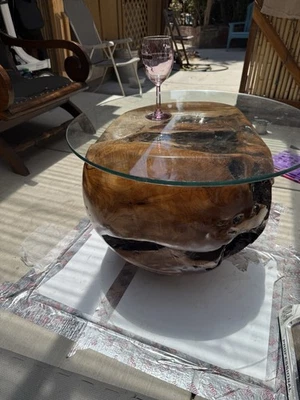 Teak Burl Epoxy Glass Top Side Table Handmade Floating Base Modern 22.5”H - Image 1 of 4