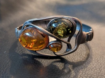 Bracciale Rigido In Argento Sterling 925 Con Miele Naturale E Ambra Verde - Immagine 1 di 4