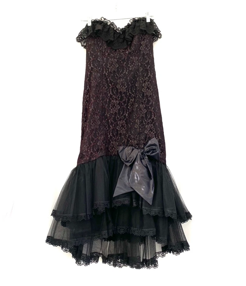 VTG Loralie 80s Prom Dress Sz 8 Black Tulle Bow Strapless Goth Holiday Party - Image 1 of 4