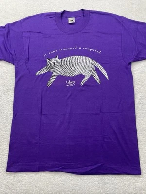 Винтажная мужская рубашка Fruit of the Loom XL фиолетовая одинарный шов Stuart Katt Cat 90-е - Изображение 1 из 4