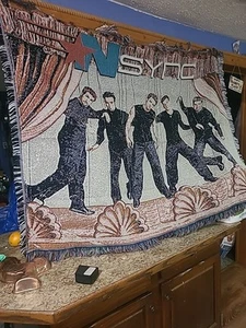 Vintage 1990er NSYNC Throwback Überwurf Decke gewebt Wandteppich Fransen Y2K 45X58 - Bild 1 von 1