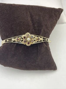 Brazalete Brazalete Vintage Oro Amarillo 14K Granate y Perla - Imagen 1 de 10