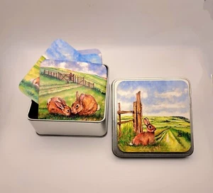 Four Coasters Tin Gift Set Greedy Rabbits on the Sussex South Downs - Picture 1 of 10