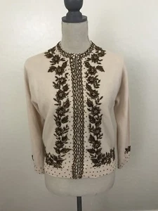 Vtg c.1950's Kowloon Beading Arts Co. Beige  Wool Rose Gold Beaded Cardigan - Picture 1 of 8