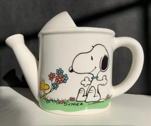 Vintage Snoopy Woodstock Ceramic Watering Can Planter 4.5" Tall Peanuts - Picture 1 of 11