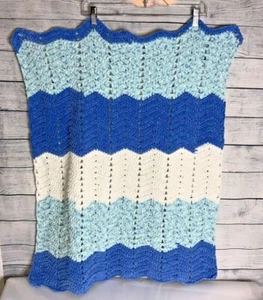 Newborn Baby Blue Boy white knit handmade afghan blanket lap throw 31" X 32" - Picture 1 of 2