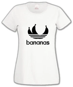 T-SHIRT DONNA BANANAS PARODIA LOGO MAGLIETTA SPIRITOSA IRONICA BANANE HAPPINESS! - Picture 1 of 4