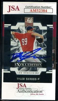 Autógrafo extra de novato Donruss Elite 2009 firmado por Tyler Skaggs certificado de autenticidad JSA Foto 1 de 2