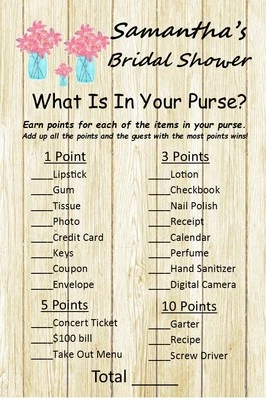 12 Personalized - What's In Your Purse - Bridal Shower Game - Party Games - Image 1 of 2