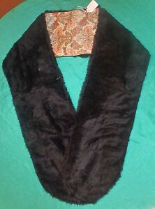 Thin Black Faux Fur Stole w Green & Orange Floral Lining for Adult or Teen FSC11
