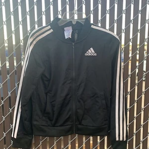 Adidas Youth Size: L (14) Full Zip Black White Stripes Track Jacket Pockets - Picture 1 of 4