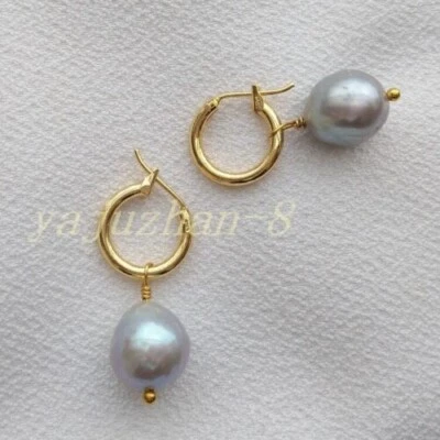 11-12mm AAA+ South Sea Grey Dangle Drop Hoop Baroque Pearl Earrings 14k Gold P - Image 1 of 4
