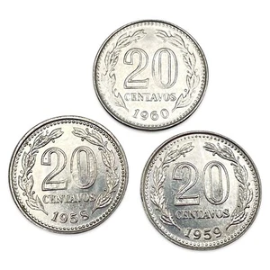 Lot of 3 Argentina 20 Centavos - 1958, 1959 & 1960 - AU/UNC - Combined Ship - Picture 1 of 2