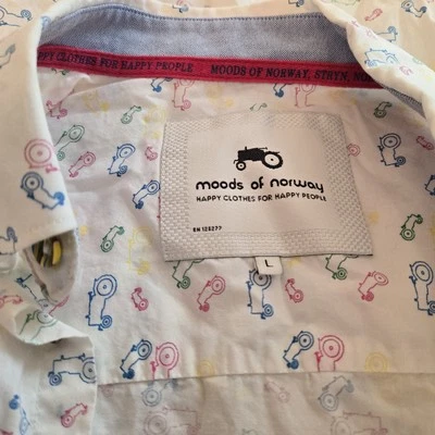 Moods Of Norway Shirt Large Short Sleeve Button up Mens White Tractor Logo FUN - Image 1 of 4