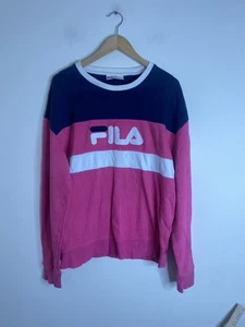 FILA Sweatshirt Medium Pink Blue White Spell Out Embossed Sweater Retro jumper - Picture 1 of 8