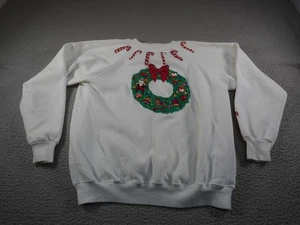 Vintage Christmas Sweatshirt Womens XL White Wreath Candy Cane Santa Holiday 90s - Picture 1 of 13