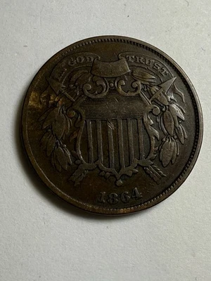 1864 Two Cent Piece 2C SMALL MOTTO Civil War Date US Copper Coin No Reserve - Image 1 of 4