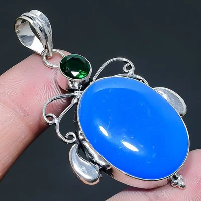 Pendente In Argento Sterling 925 Con Gemma Di Chalcedonio Viola E Diopside 2.33" - Immagine 1 di 4