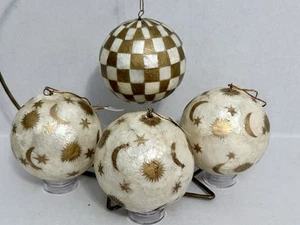 Set Of 4 Sun Moon Stars & Checker Print Christmas Ornaments Paper Mache 3” - Picture 1 of 12