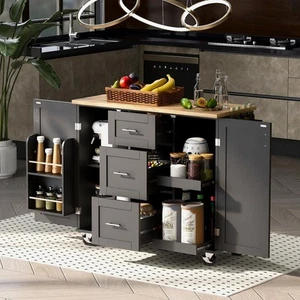Runesay Black Rubberwood Top 50 in. Kitchen Island Cart Accent Cabinet 3-Drawer - Picture 1 of 12
