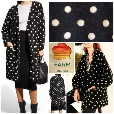 Nuevo con etiquetas Abrigo midi Farm Rio negro blanco lunares polar mezcla lana talla xs Foto 1 de 4