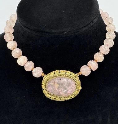 Vintage Antique Carved Rose Quartz Gold Tone Ornate Filigree Collar Necklace 14” - Image 1 of 4