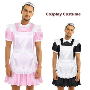 Grembiule grembiule uomo Sissy cameriera francese uniforme costumi raso abiti set lingerie - Foto 1 di 56