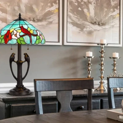 Lámpara de Mesa Tiffany 22" Bronce Dos Luces con Pantalla Floral y Cardinal Foto 1 de 3