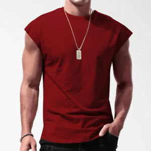 Mens Sleeveless Muscle Tee Cotton Solid Blank Tank T Shirt Hot Summer Gym Top