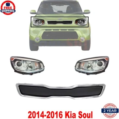 Front Upper Grille & Headlights Pair With Chrome Housing For 2014-2016 Kia Soul Foto 1 de 4