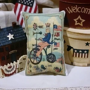 Primitive FarmHouse Fourth Of JULY Uncle Sam On Bike Shelf Sitter Tuck Pillow  - Picture 1 of 1